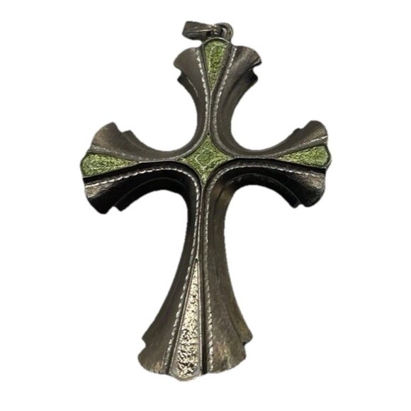 Sarah Coventry Limited Edition 1976 Biker Cross 3.5" Necklace Green Enamel - Picture 1 of 7